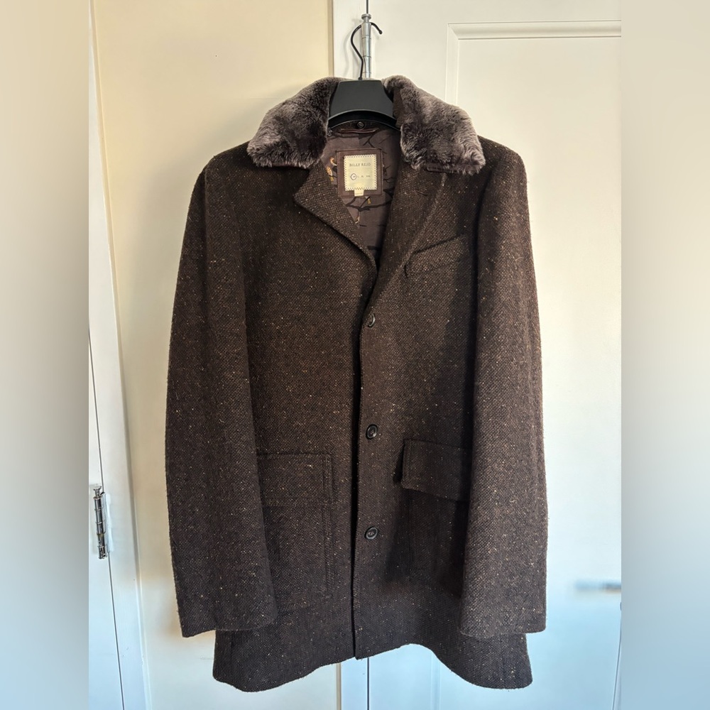 Billy Reid, Men's Brown Wool Coat with Authentic Rabbit Fur Collar